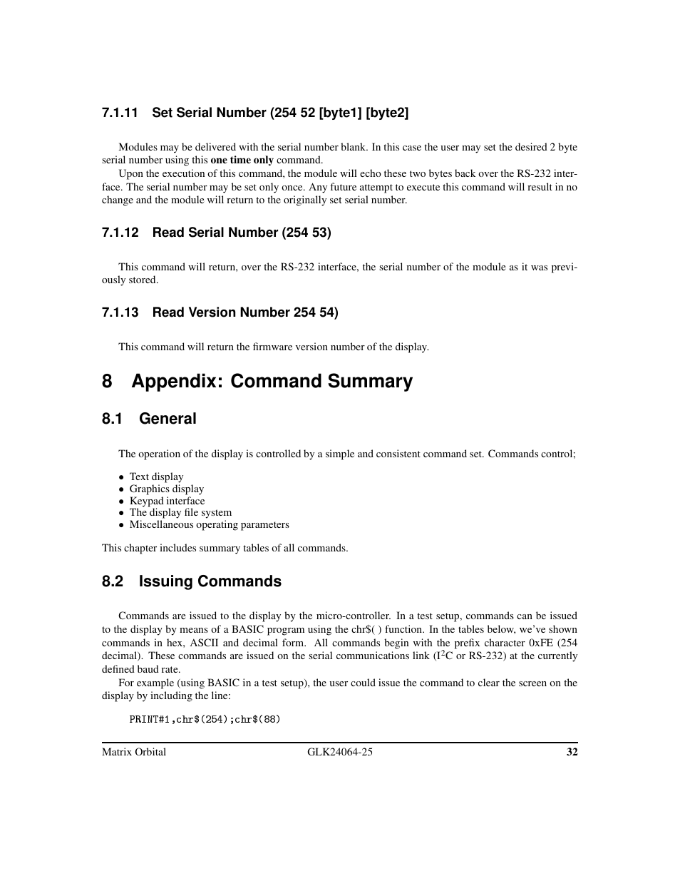 8 appendix: command summary, 1 general, 2 issuing commands | Matrix Orbital GLK24064-25 Legacy User Manual | Page 36 / 47