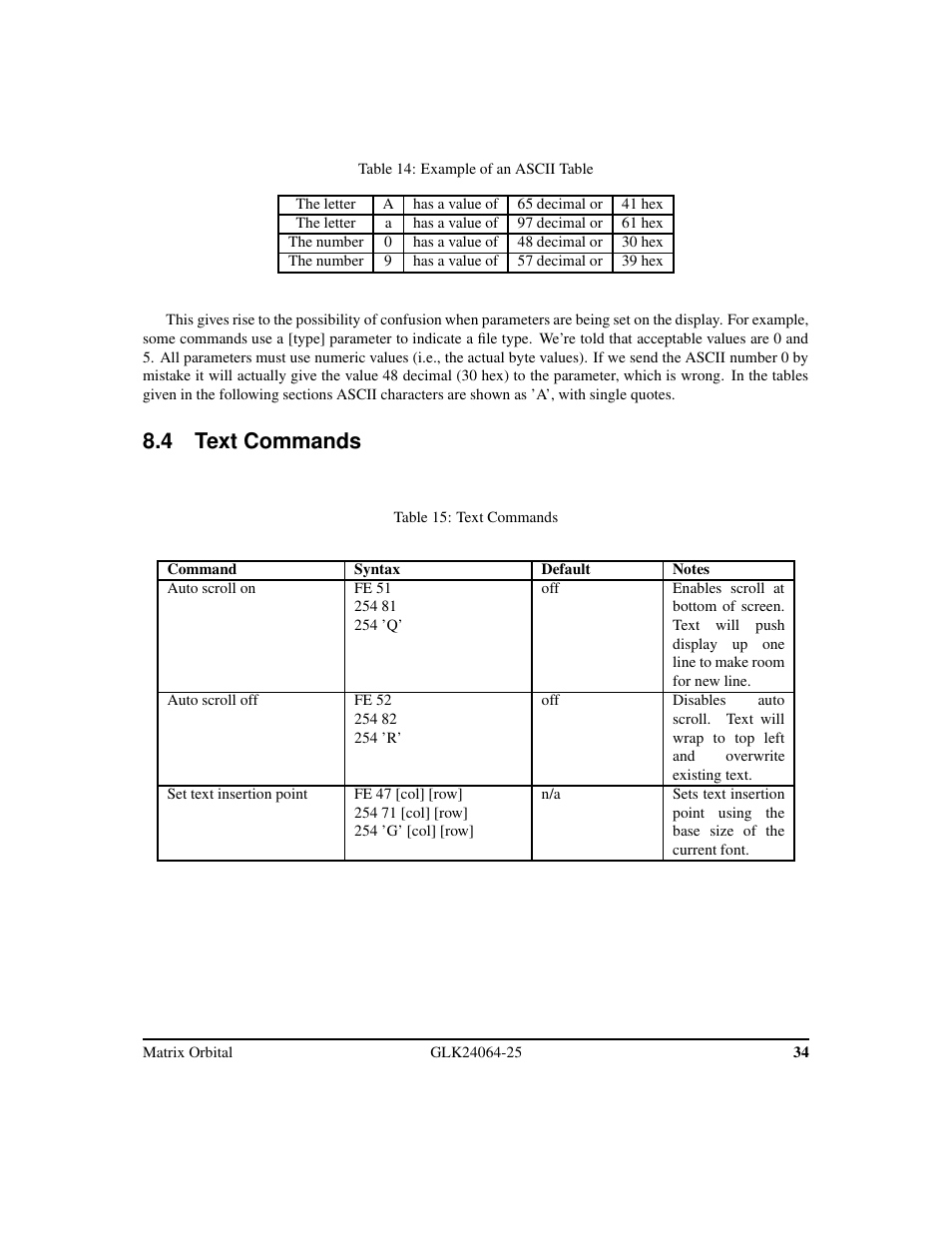 4 text commands | Matrix Orbital GLK24064-25 Legacy User Manual | Page 38 / 47