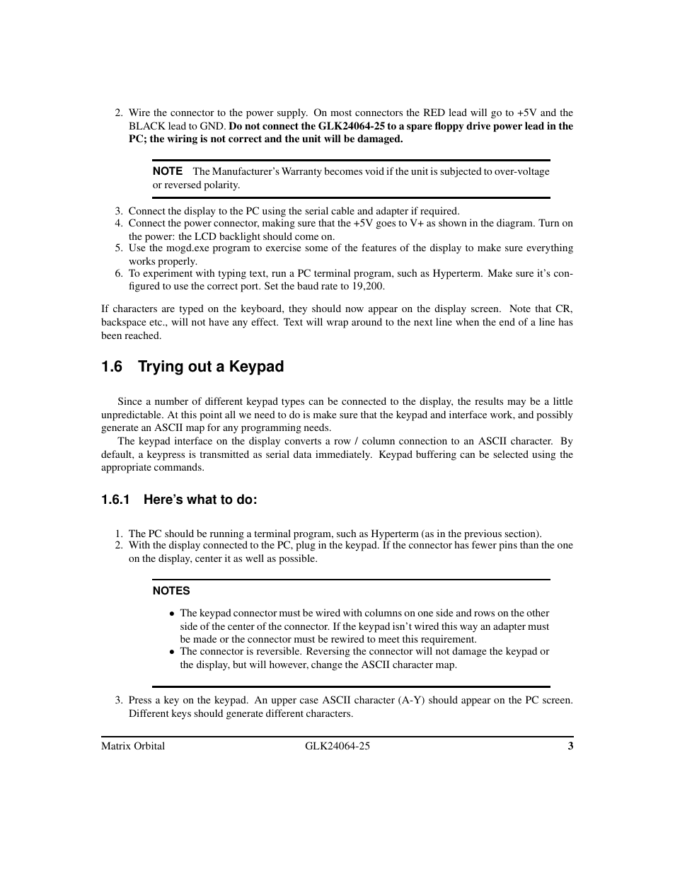 6 trying out a keypad | Matrix Orbital GLK24064-25 Legacy User Manual | Page 7 / 47