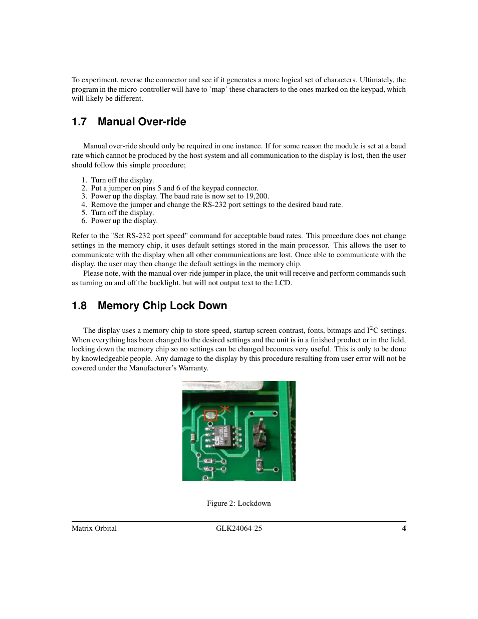 7 manual over-ride | Matrix Orbital GLK24064-25 Legacy User Manual | Page 8 / 47