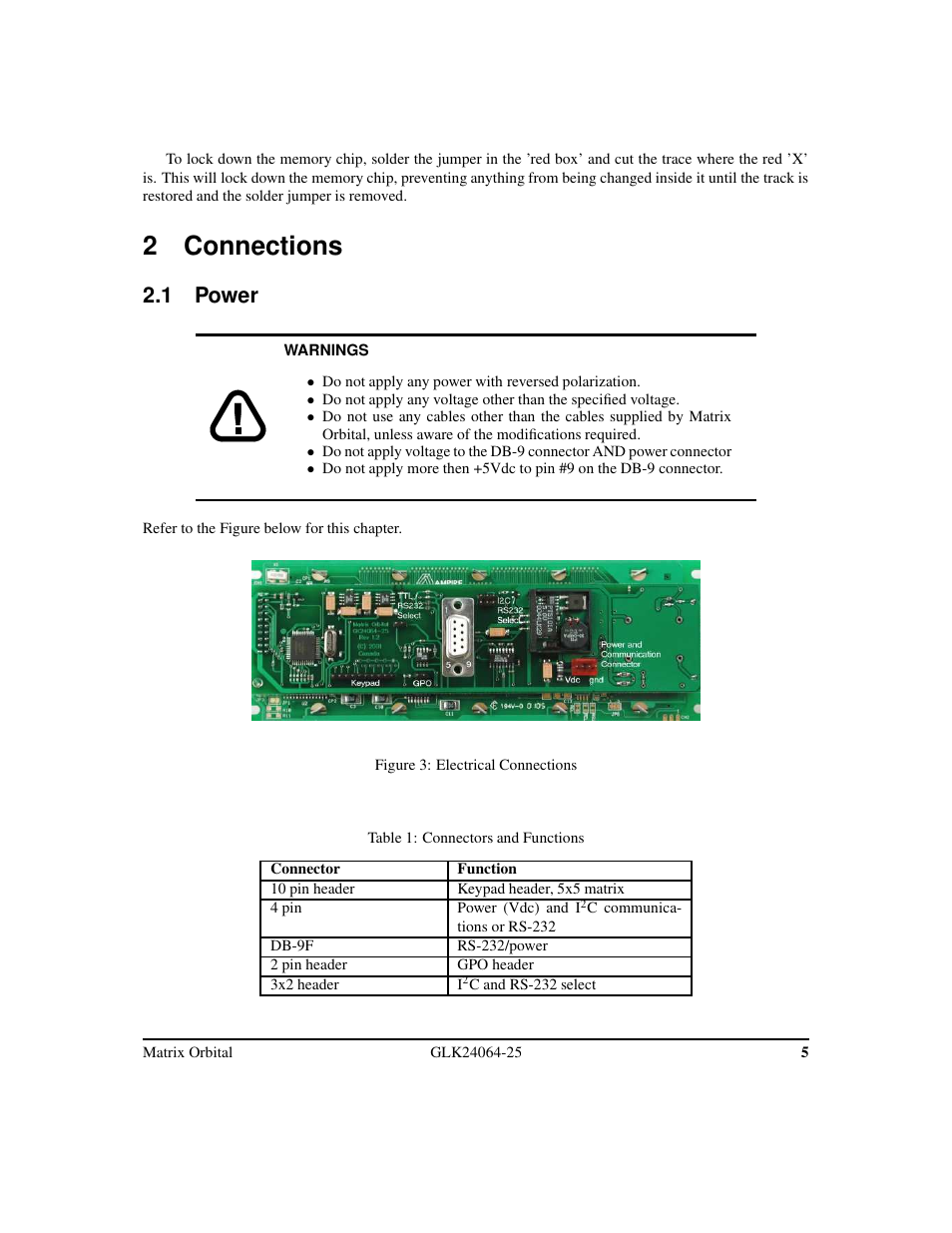 2 connections, 1 power | Matrix Orbital GLK24064-25 Legacy User Manual | Page 9 / 47