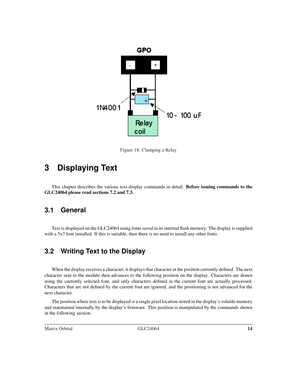 3 displaying text, 1 general, 2 writing text to the display | Matrix Orbital GLC24064 User Manual | Page 18 / 44