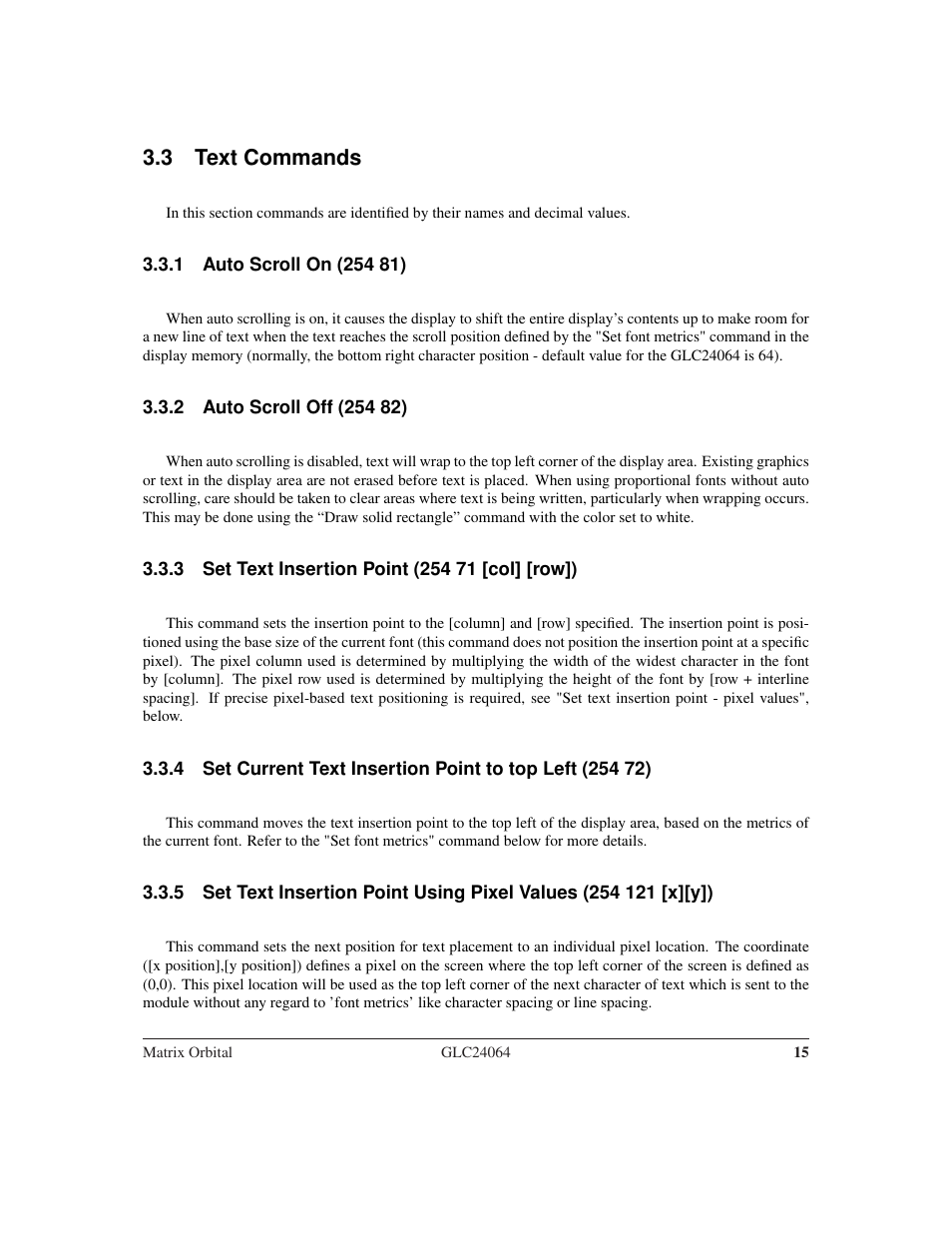 3 text commands | Matrix Orbital GLC24064 User Manual | Page 19 / 44