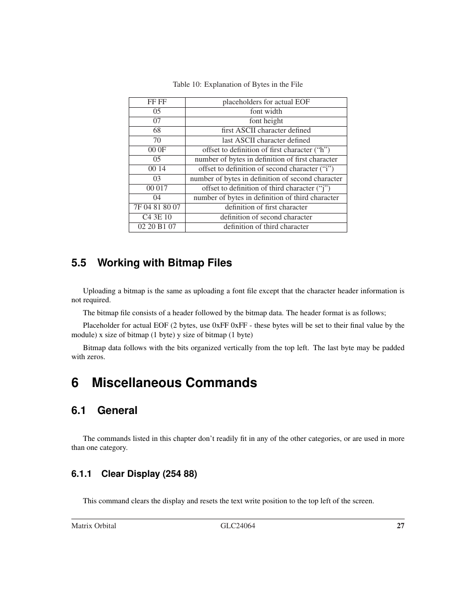 6 miscellaneous commands, 5 working with bitmap files, 1 general | Matrix Orbital GLC24064 User Manual | Page 31 / 44