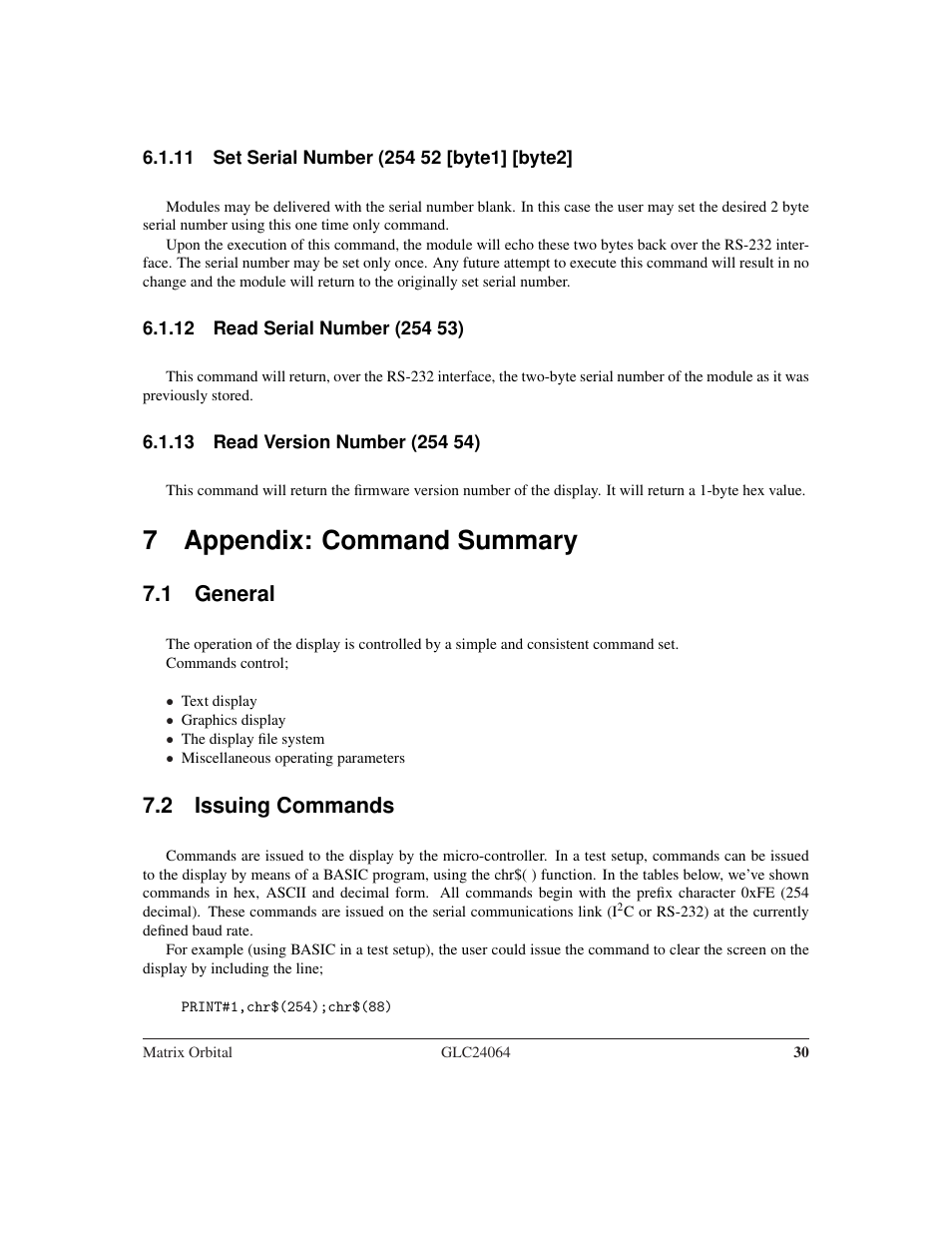 7 appendix: command summary, 1 general, 2 issuing commands | Matrix Orbital GLC24064 User Manual | Page 34 / 44