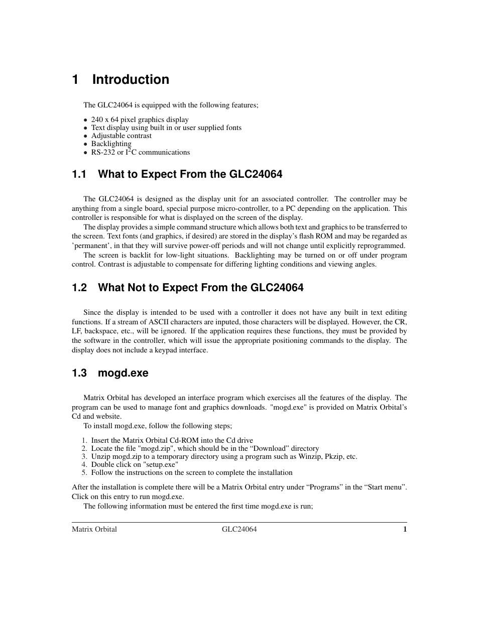 1 introduction, 3 mogd.exe | Matrix Orbital GLC24064 User Manual | Page 5 / 44