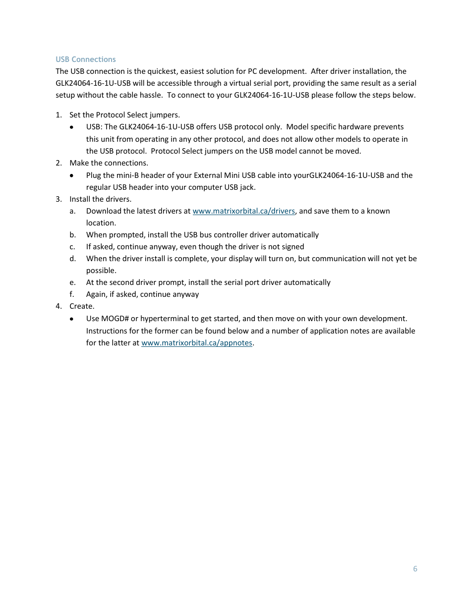 Usb connections | Matrix Orbital GLK24064-16-1U User Manual | Page 11 / 48