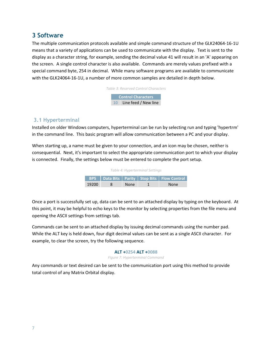 Software, Hyperterminal, 3 software | 1 hyperterminal | Matrix Orbital GLK24064-16-1U User Manual | Page 12 / 48
