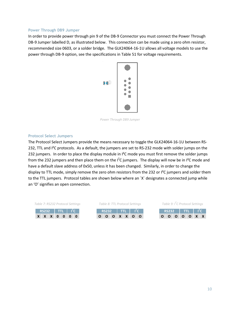 Power through db9 jumper, Protocol select jumpers | Matrix Orbital GLK24064-16-1U User Manual | Page 15 / 48