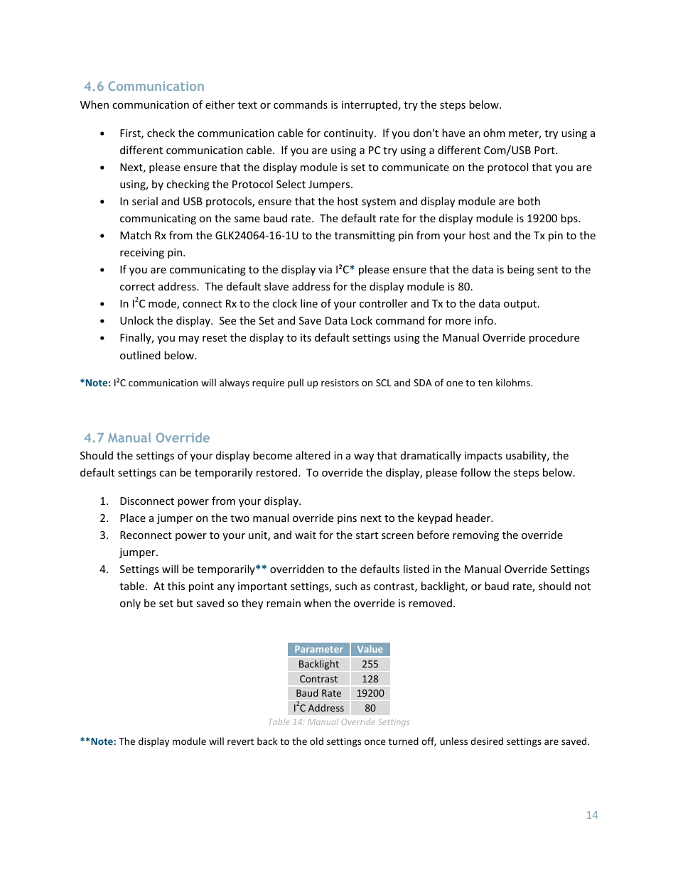 Communication, Manual override, 6 communication | 7 manual override | Matrix Orbital GLK24064-16-1U User Manual | Page 19 / 48