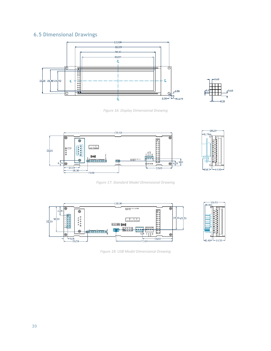 Dimensional drawings, 5 dimensional drawings | Matrix Orbital GLK24064-16-1U User Manual | Page 44 / 48