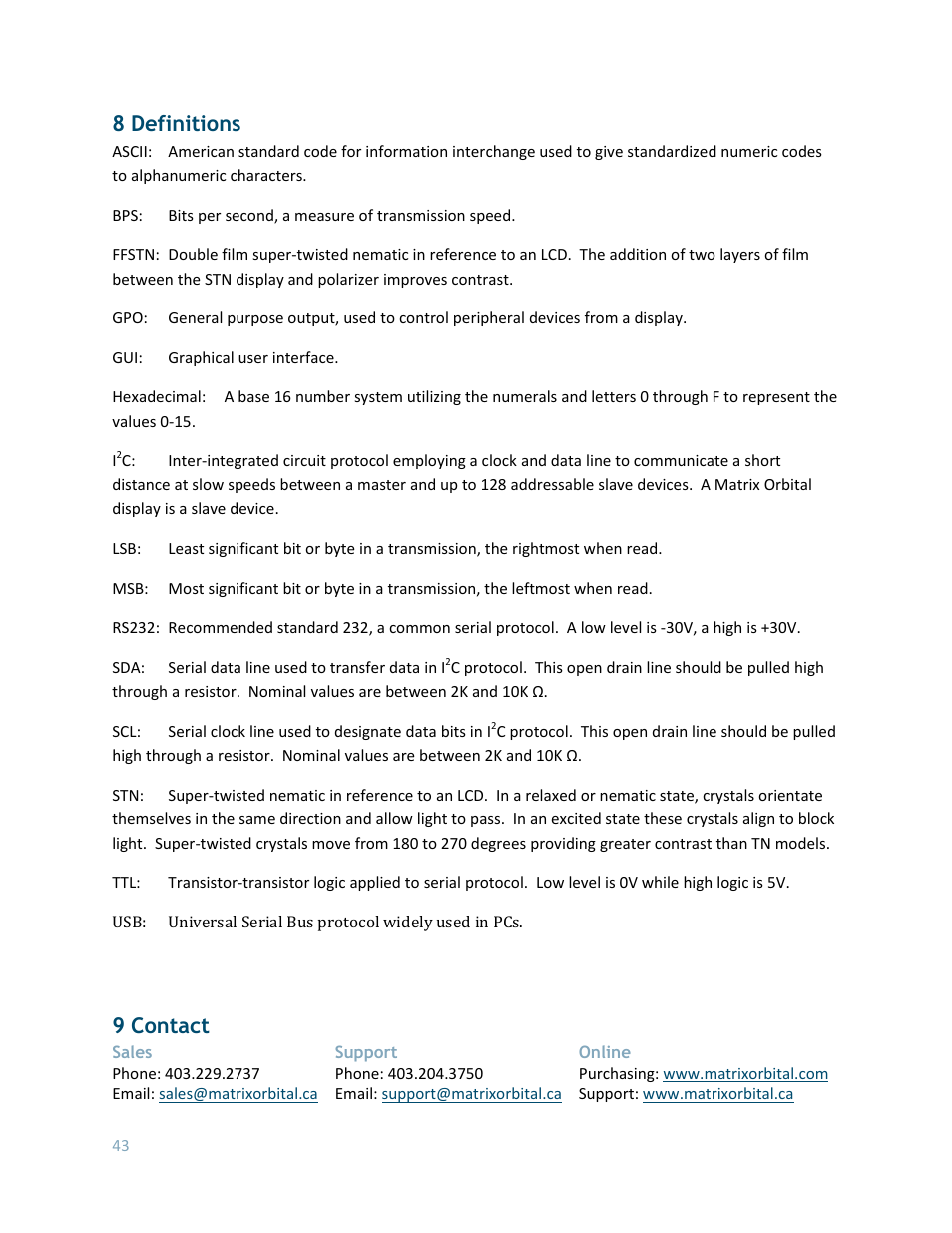 Definitions, Contact, 8 definitions | 9 contact | Matrix Orbital GLK24064-16-1U User Manual | Page 48 / 48