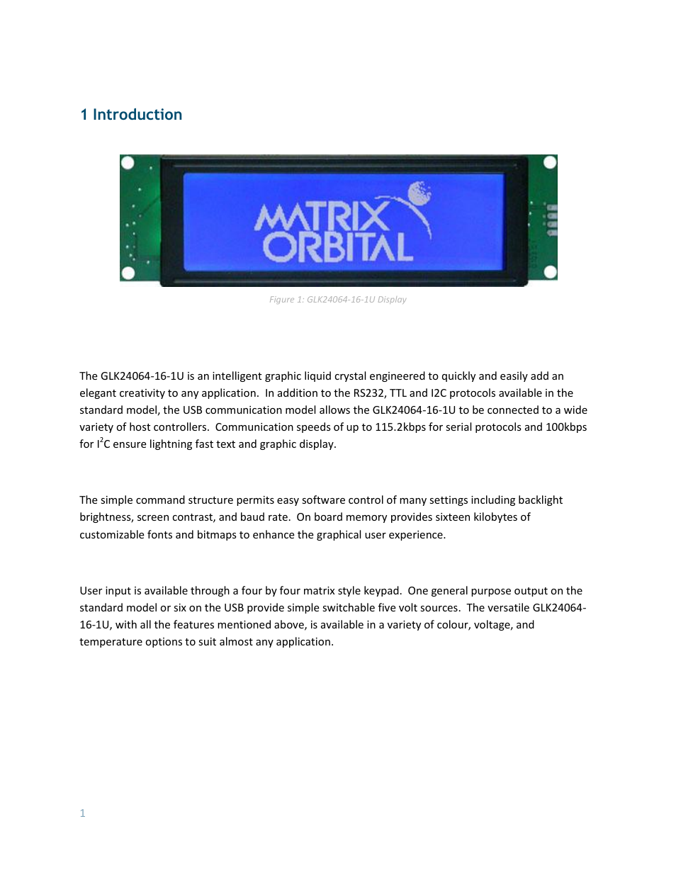 Introduction, 1 introduction | Matrix Orbital GLK24064-16-1U User Manual | Page 6 / 48