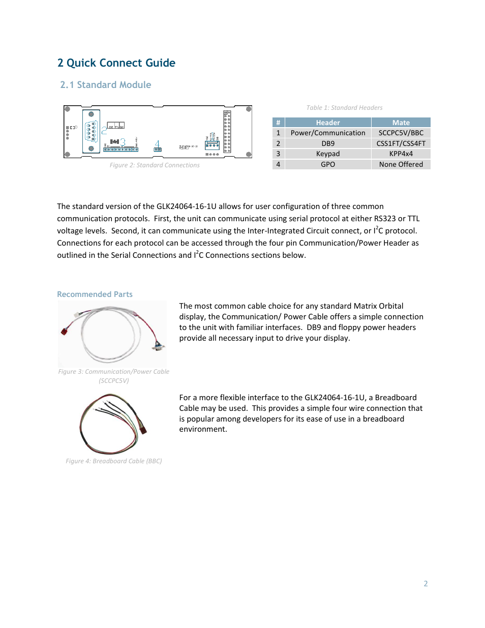 Quick connect guide, Standard module, Recommended parts | 2 quick connect guide, 1 standard module | Matrix Orbital GLK24064-16-1U User Manual | Page 7 / 48