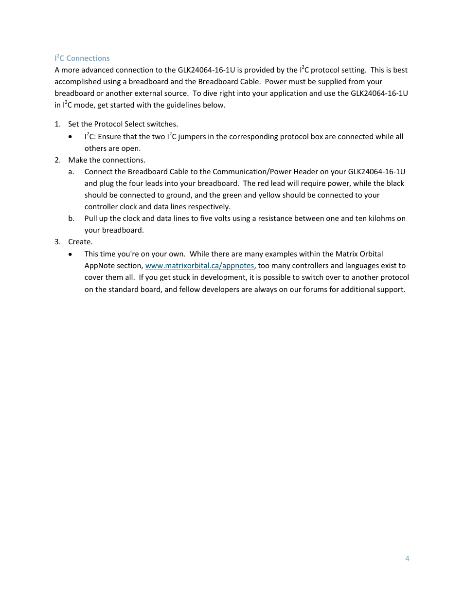I2c connections, C connections | Matrix Orbital GLK24064-16-1U User Manual | Page 9 / 48