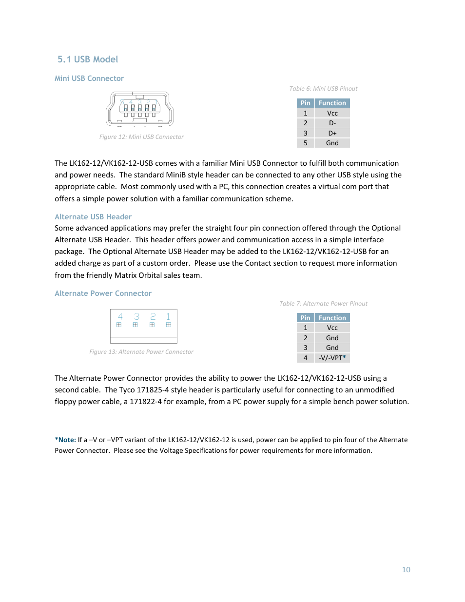 1 usb model, Mini usb connector, Alternate usb header | Alternate power connector | Matrix Orbital LK162-12 User Manual | Page 14 / 41