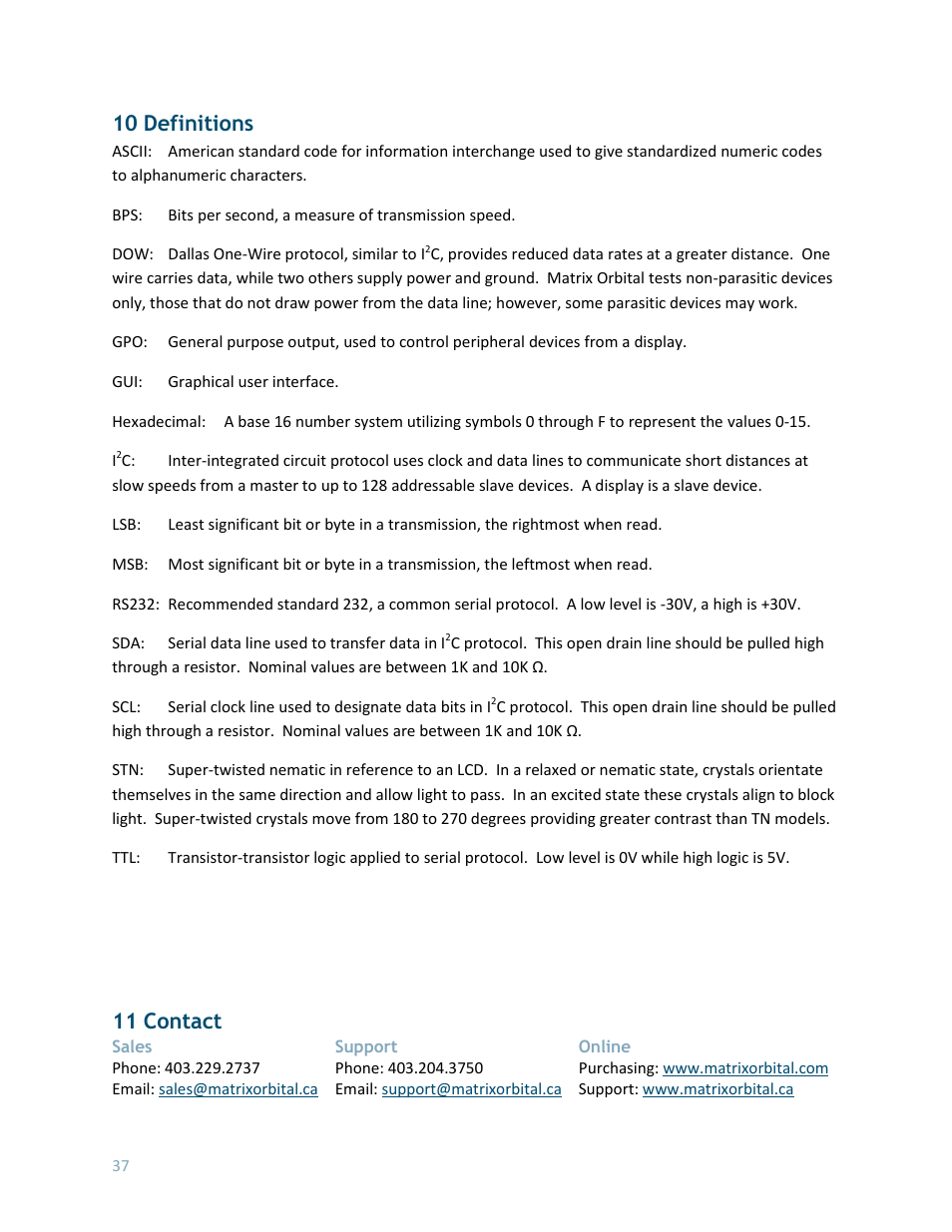 10 definitions, 11 contact | Matrix Orbital LK162-12 User Manual | Page 41 / 41