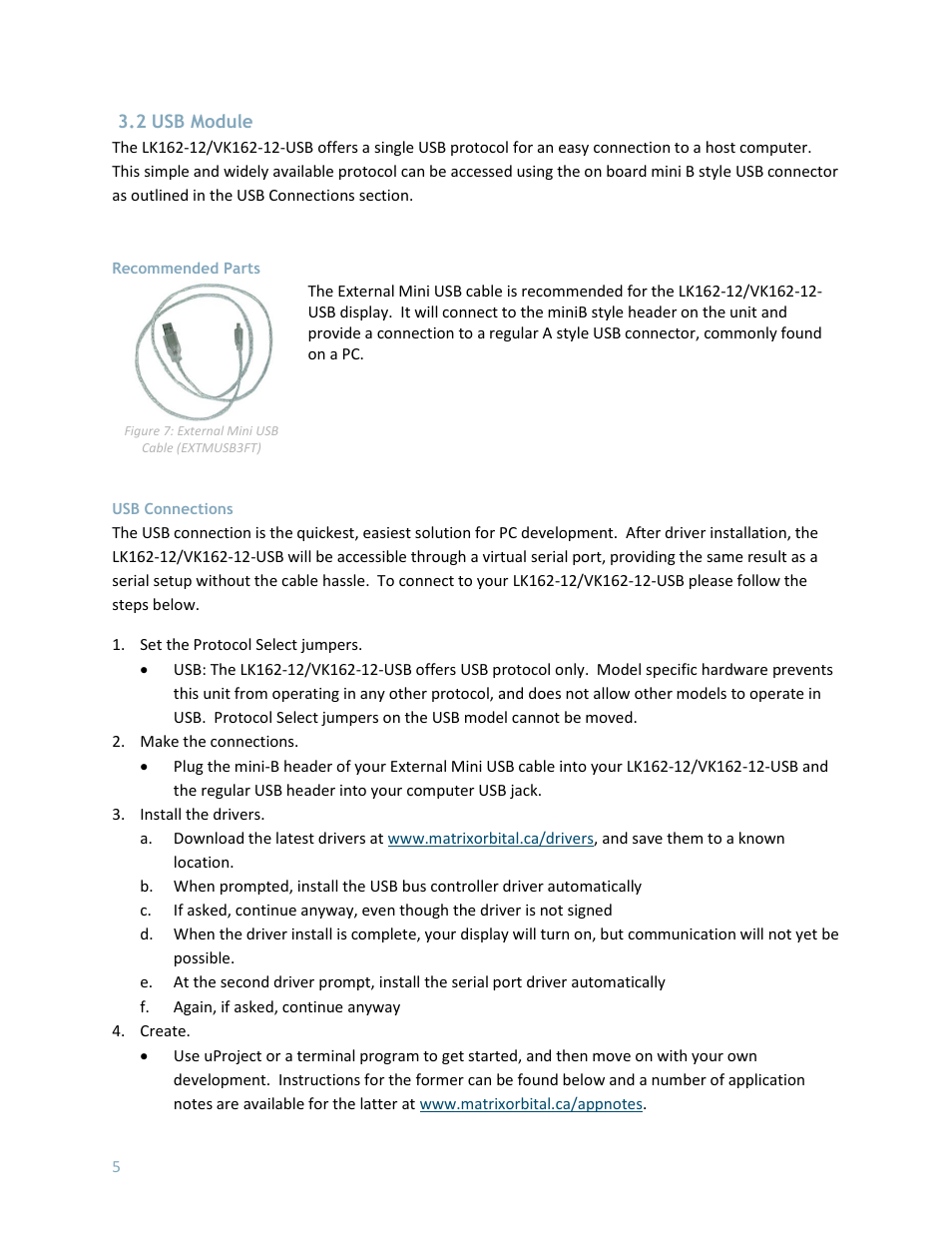 2 usb module, Recommended parts, Usb connections | Matrix Orbital LK162-12 User Manual | Page 9 / 41