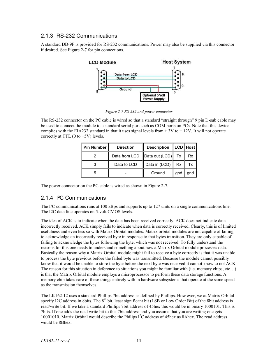 3 rs-232 communications, 4 i²c communications | Matrix Orbital LK162-12 Legacy User Manual | Page 11 / 37