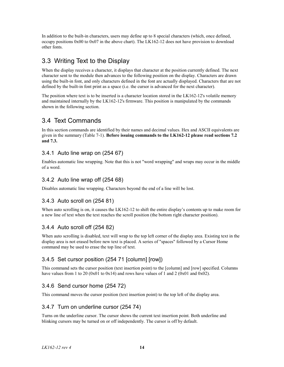 3 writing text to the display, 4 text commands | Matrix Orbital LK162-12 Legacy User Manual | Page 14 / 37