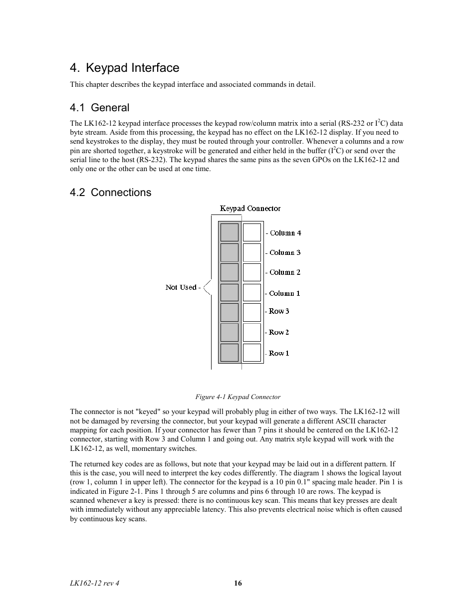 Keypad interface, 1 general, 2 connections | Matrix Orbital LK162-12 Legacy User Manual | Page 16 / 37