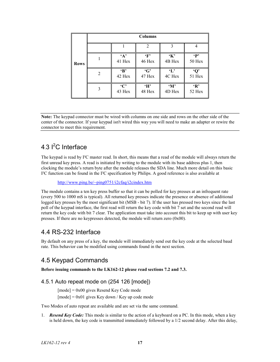 C interface, 4 rs-232 interface, 5 keypad commands | Matrix Orbital LK162-12 Legacy User Manual | Page 17 / 37