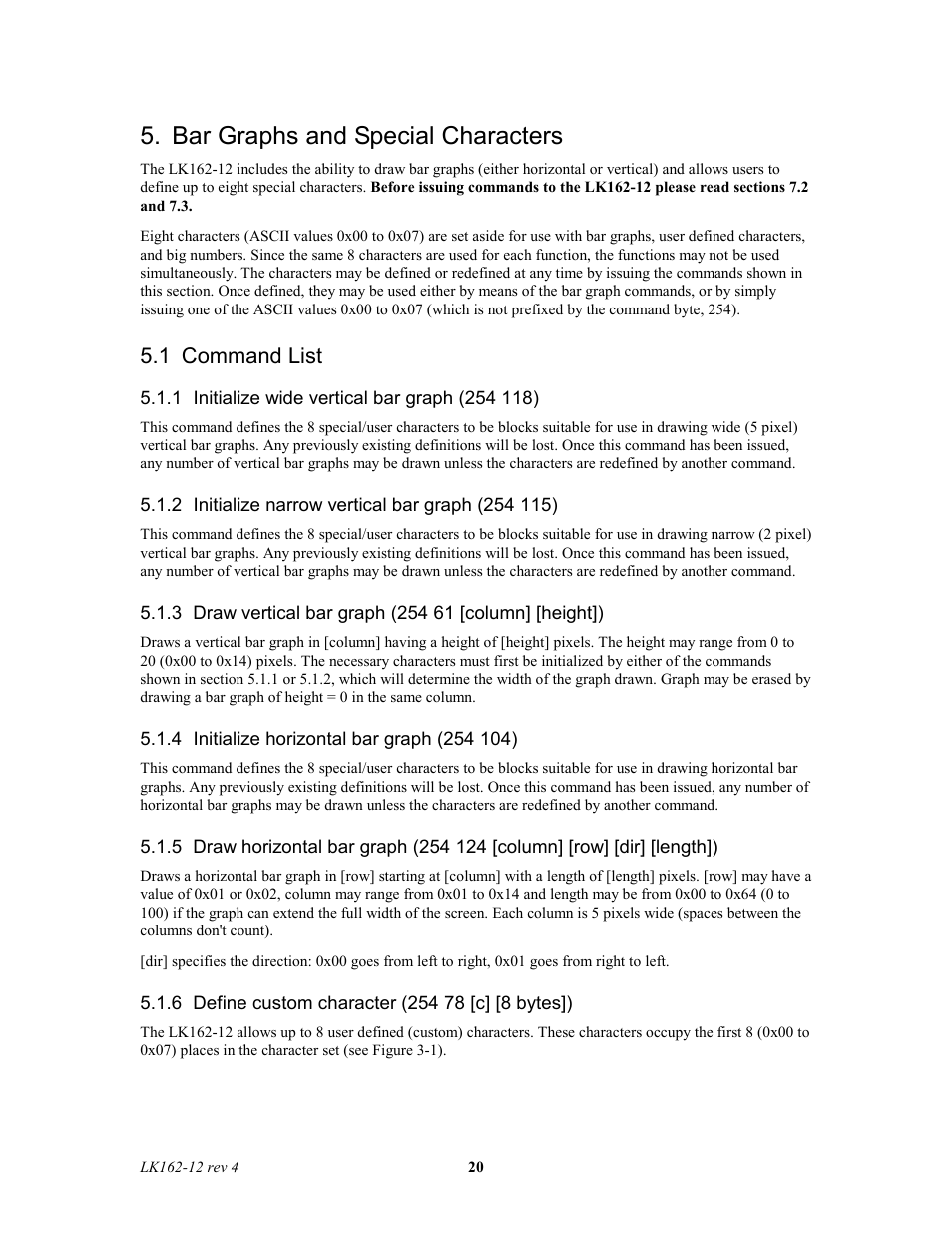 Bar graphs and special characters, 1 command list | Matrix Orbital LK162-12 Legacy User Manual | Page 20 / 37