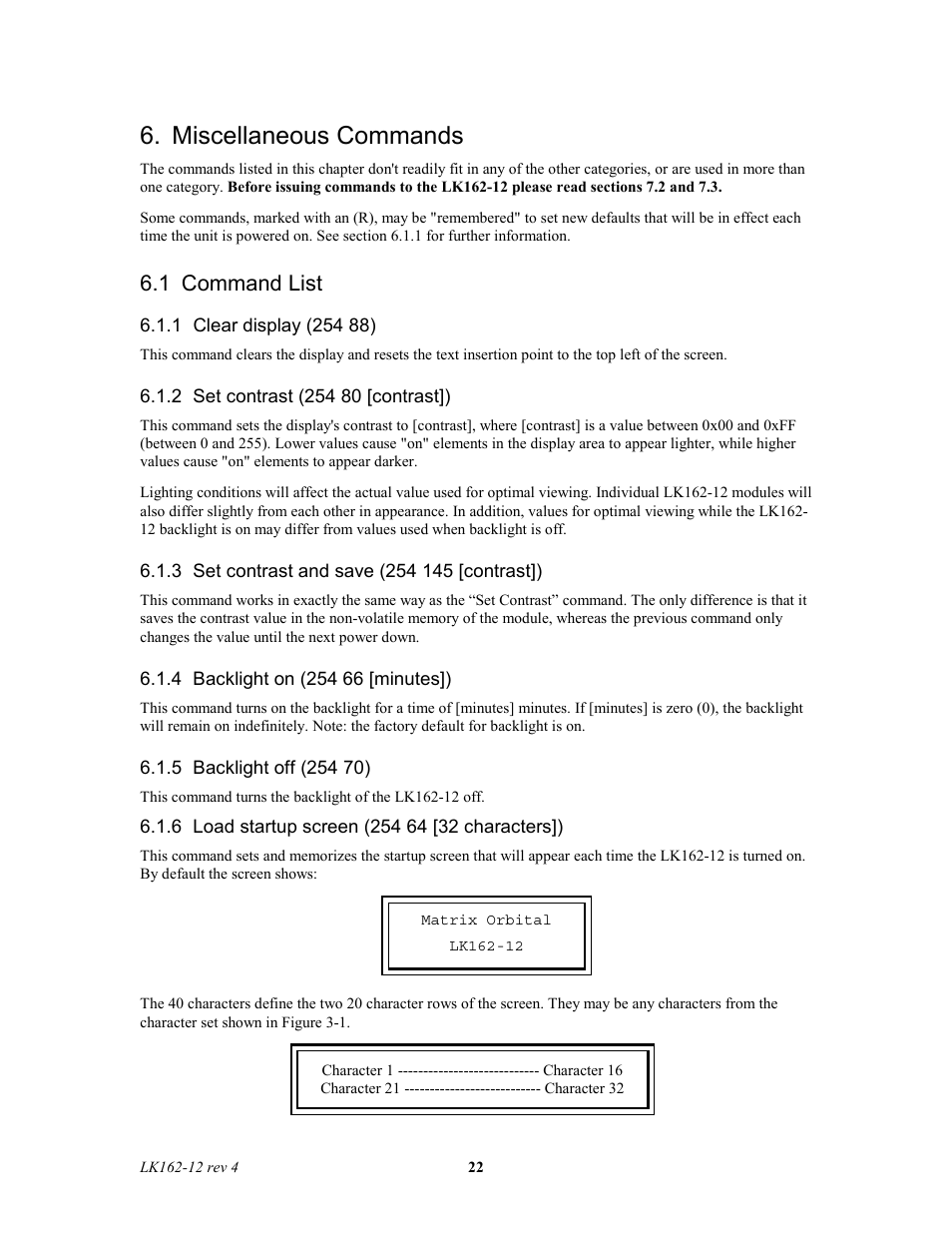 Miscellaneous commands, 1 command list | Matrix Orbital LK162-12 Legacy User Manual | Page 22 / 37