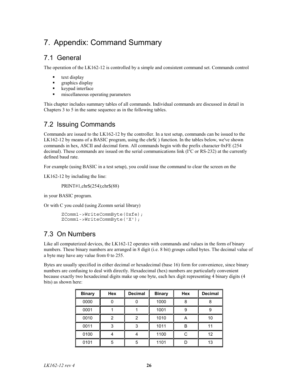 Appendix: command summary, 1 general, 2 issuing commands | 3 on numbers | Matrix Orbital LK162-12 Legacy User Manual | Page 26 / 37
