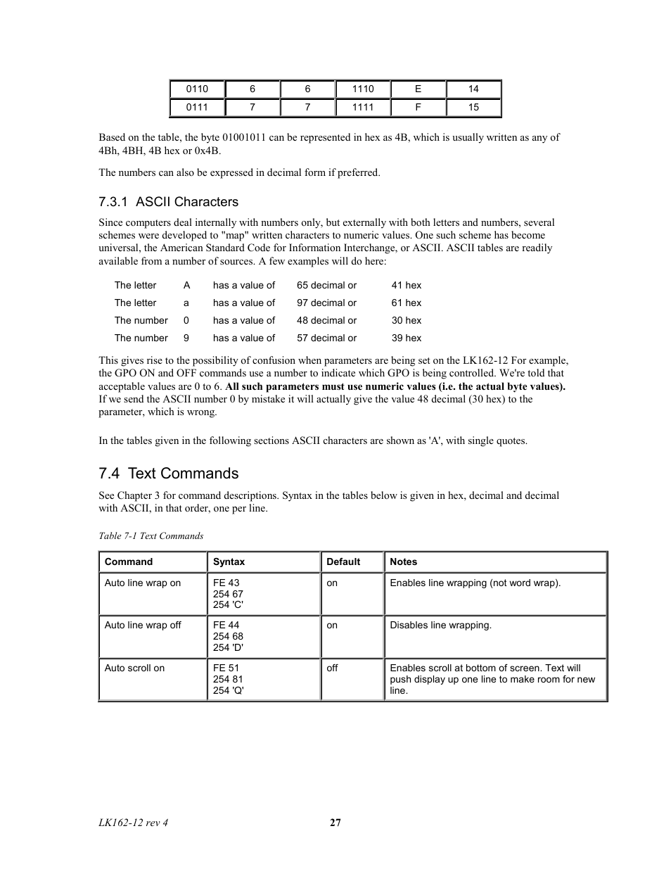 4 text commands, 1 ascii characters | Matrix Orbital LK162-12 Legacy User Manual | Page 27 / 37