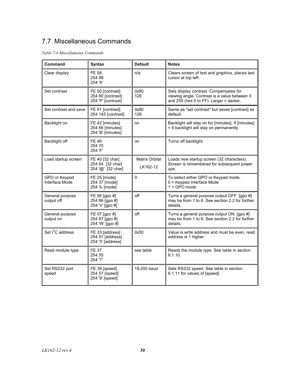 7 miscellaneous commands | Matrix Orbital LK162-12 Legacy User Manual | Page 30 / 37