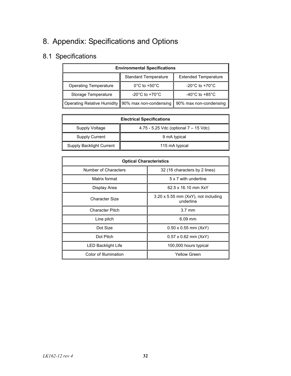 Appendix: specifications and options, 1 specifications | Matrix Orbital LK162-12 Legacy User Manual | Page 32 / 37