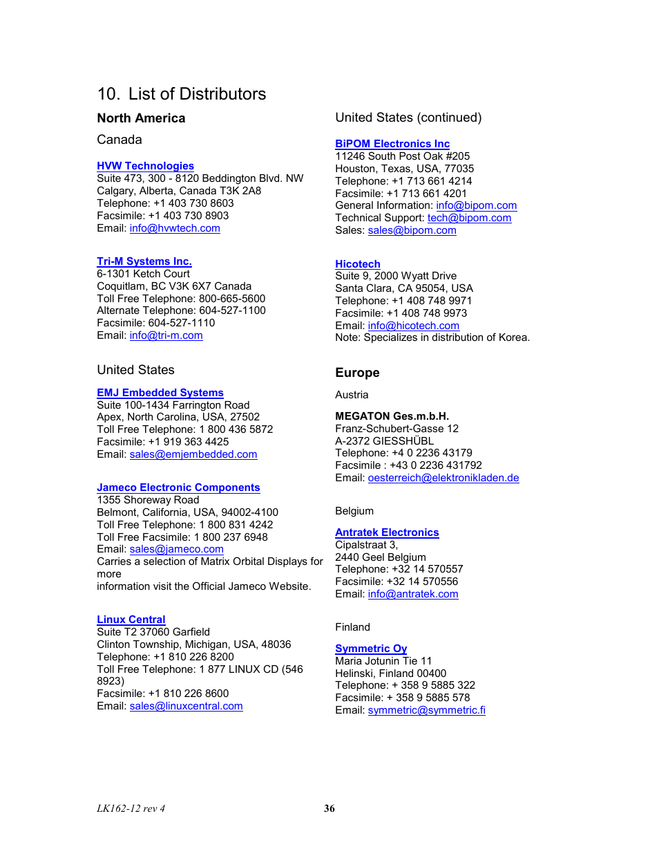 List of distributors | Matrix Orbital LK162-12 Legacy User Manual | Page 36 / 37