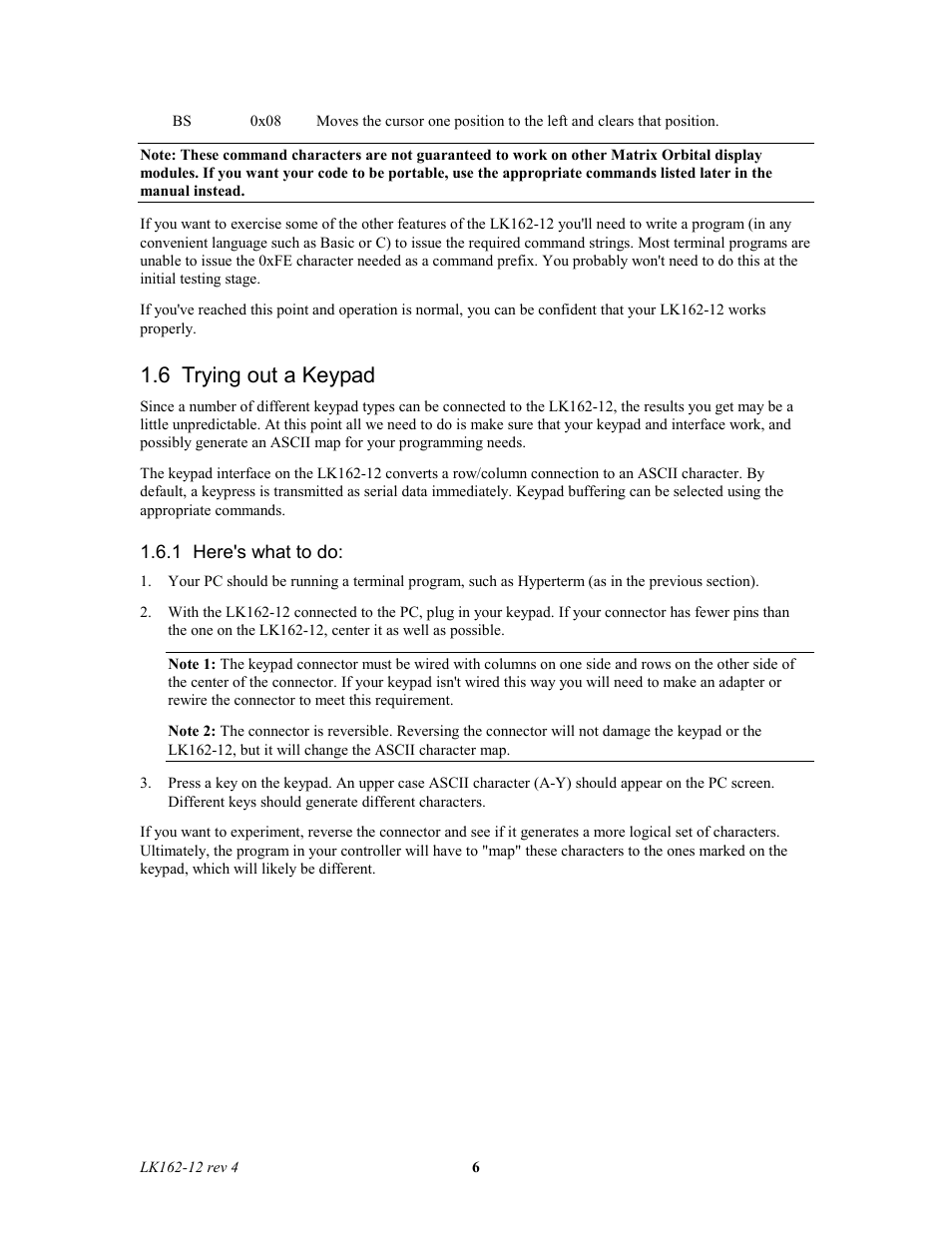 6 trying out a keypad | Matrix Orbital LK162-12 Legacy User Manual | Page 6 / 37