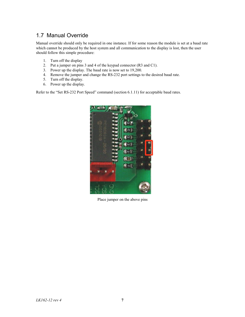 7 manual override | Matrix Orbital LK162-12 Legacy User Manual | Page 7 / 37