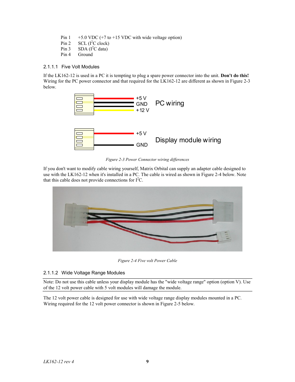 Pc wiring display module wiring | Matrix Orbital LK162-12 Legacy User Manual | Page 9 / 37
