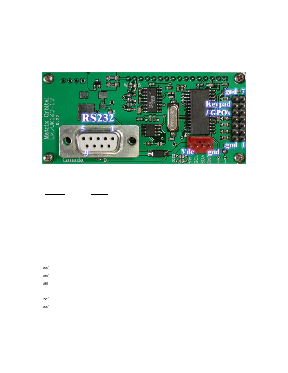 Warning, Connections, 1 connector pinout | Do not apply any power with reversed polarization, Do not apply more than, 5vdc to pin #9 on the db-9 connector | Matrix Orbital LK162-12 Legacy User Manual | Page 10 / 42