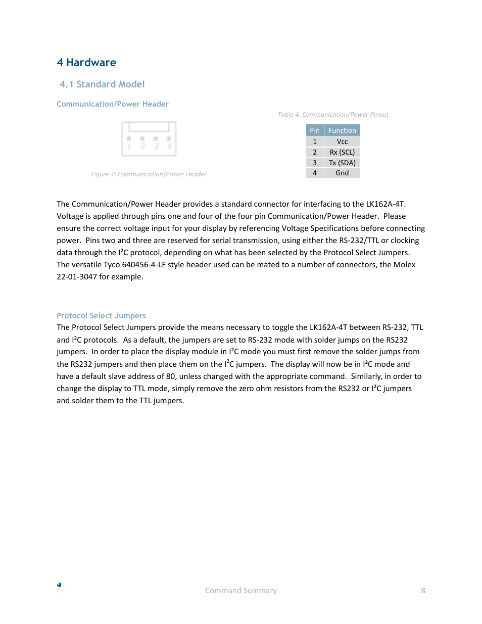4 hardware, 1 standard model, Communication/power header | Protocol select jumpers | Matrix Orbital LK162A-4T User Manual | Page 12 / 36