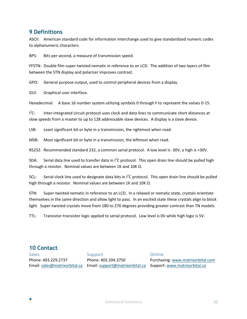 9 definitions, 10 contact | Matrix Orbital LK162A-4T User Manual | Page 36 / 36