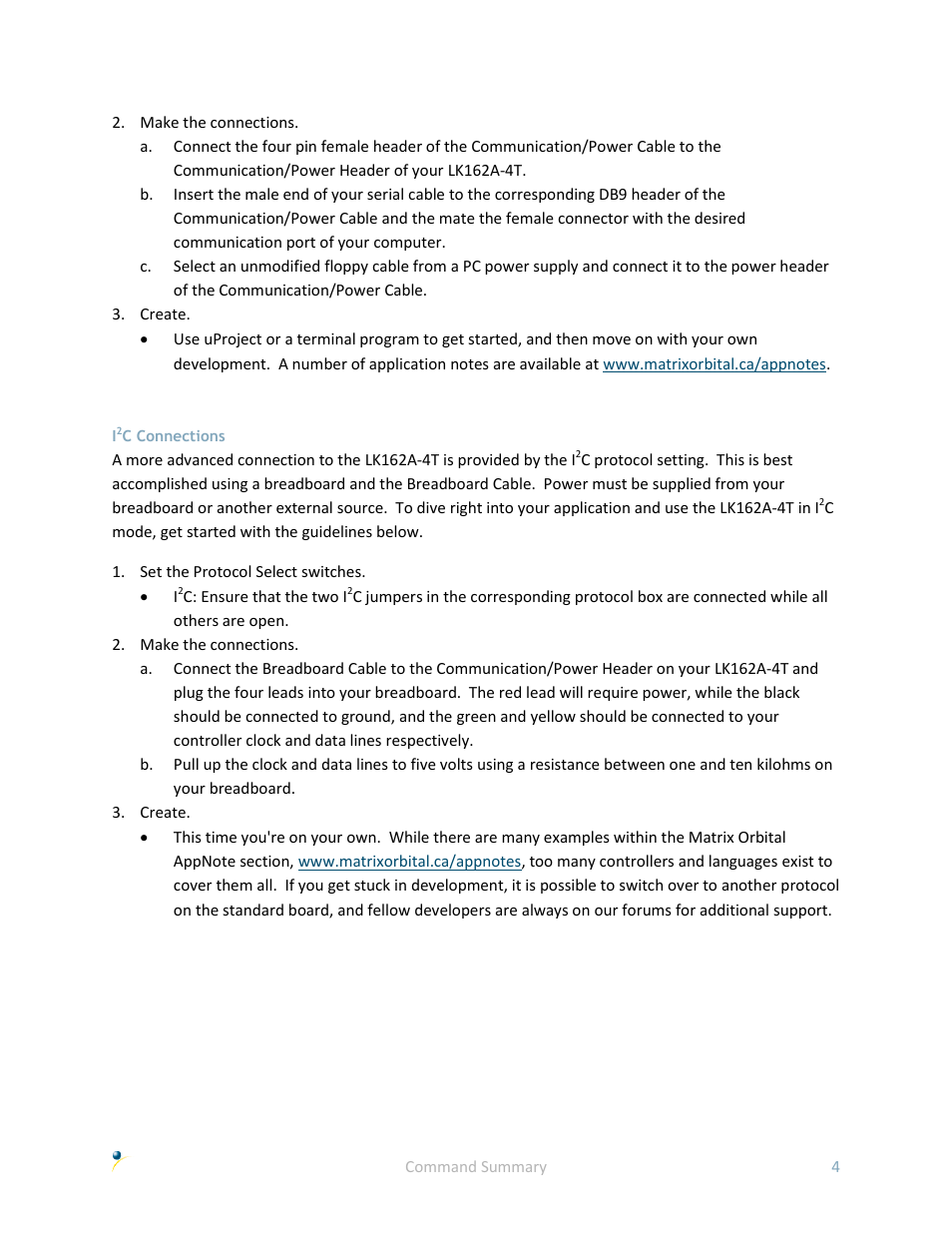 I2c connections, C connections | Matrix Orbital LK162A-4T User Manual | Page 8 / 36