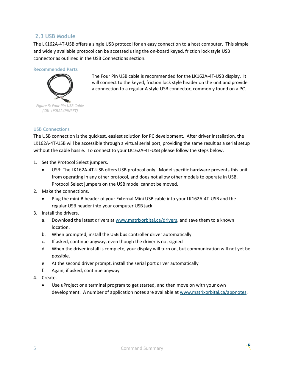 3 usb module, Recommended parts, Usb connections | Matrix Orbital LK162A-4T User Manual | Page 9 / 36