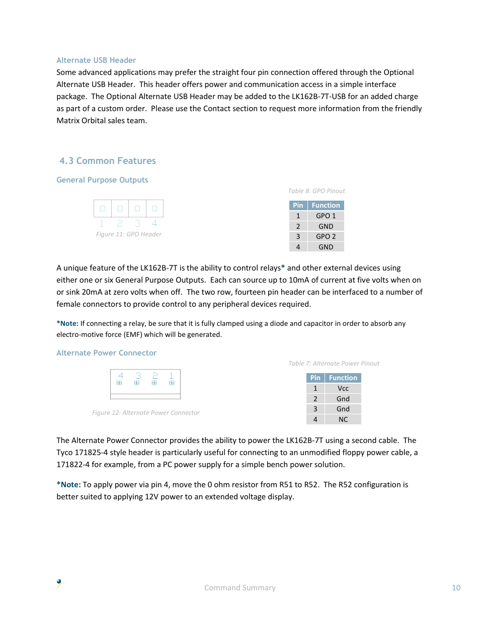 Alternate usb header, 3 common features, General purpose outputs | Alternate power connector | Matrix Orbital LK162B-7T User Manual | Page 14 / 37