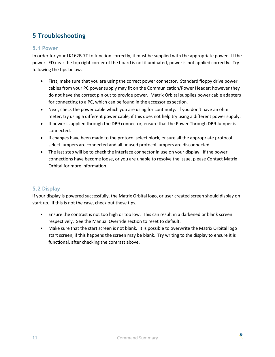 5 troubleshooting, 1 power, 2 display | Matrix Orbital LK162B-7T User Manual | Page 15 / 37