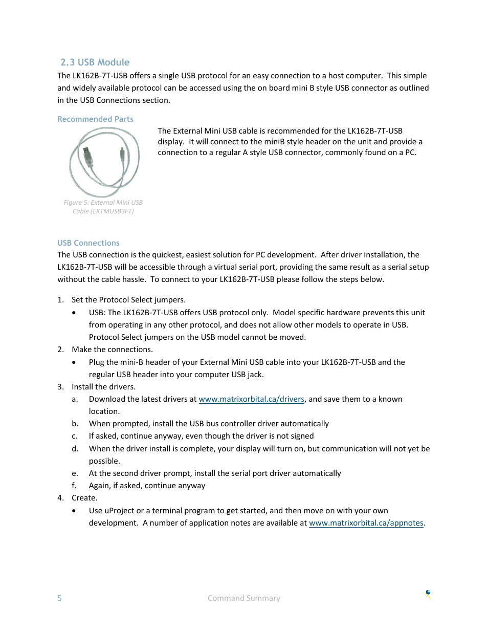3 usb module, Recommended parts, Usb connections | Matrix Orbital LK162B-7T User Manual | Page 9 / 37
