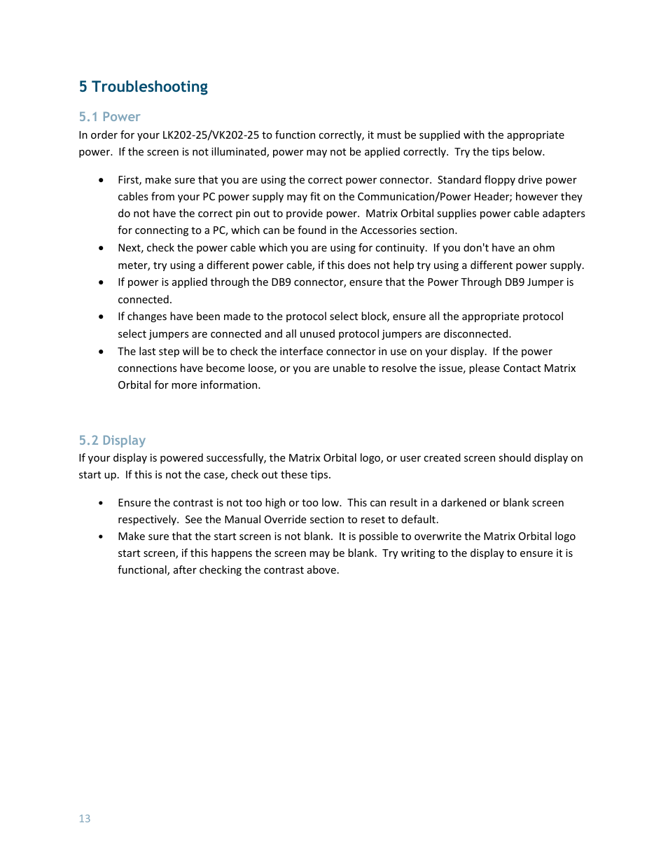 5 troubleshooting, 1 power, 2 display | Matrix Orbital LK202-25 User Manual | Page 17 / 42