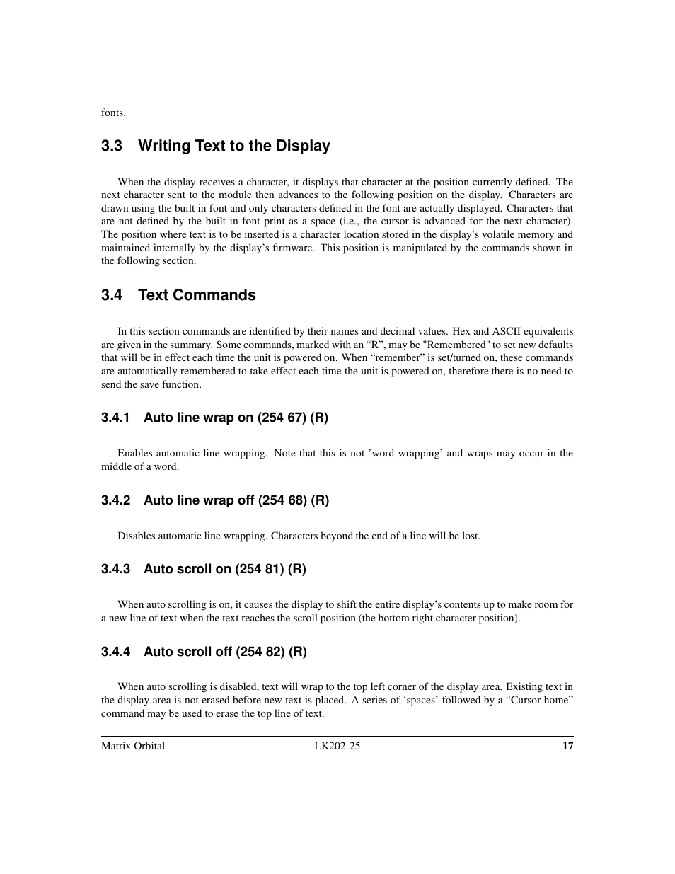 3 writing text to the display, 4 text commands | Matrix Orbital LK202-25 Legacy User Manual | Page 21 / 50