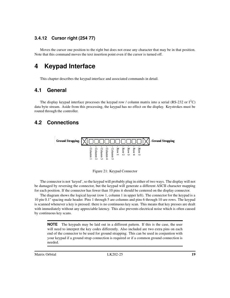 4 keypad interface, 1 general, 2 connections | Matrix Orbital LK202-25 Legacy User Manual | Page 23 / 50