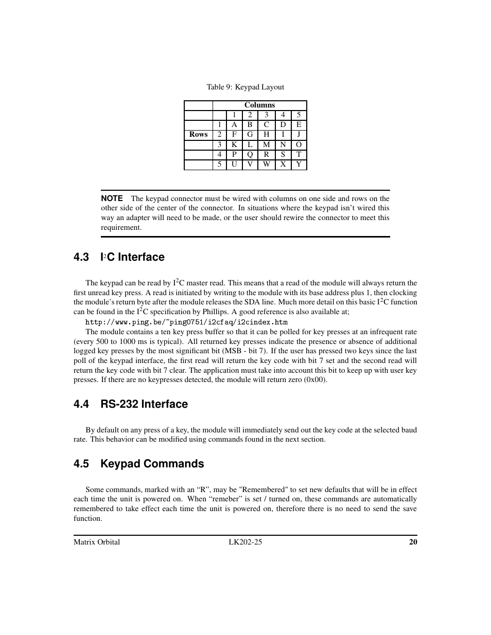 C interface, 4 rs-232 interface, 5 keypad commands | Matrix Orbital LK202-25 Legacy User Manual | Page 24 / 50