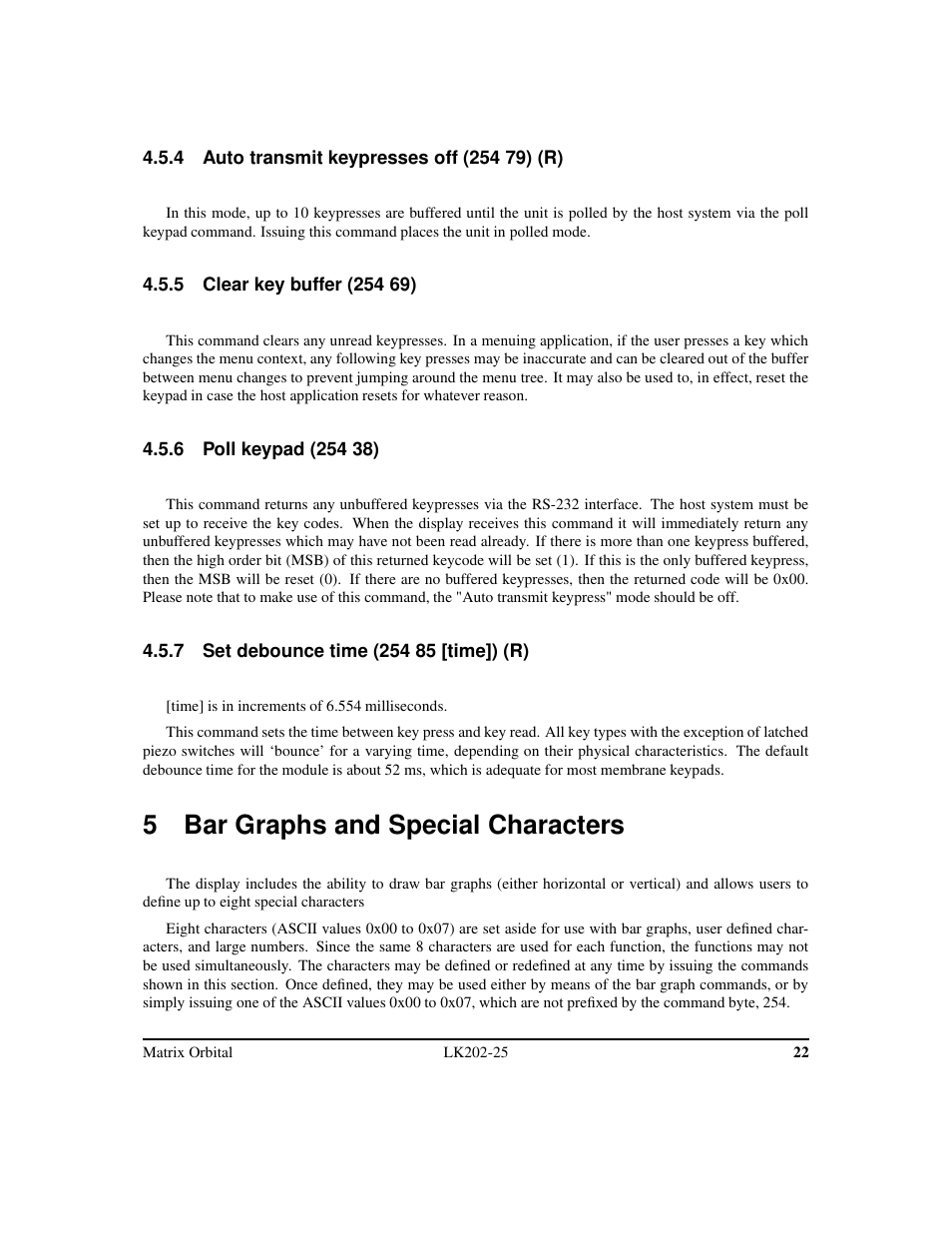 5 bar graphs and special characters | Matrix Orbital LK202-25 Legacy User Manual | Page 26 / 50