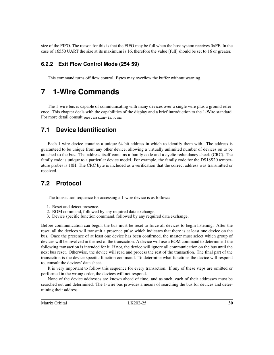 7 1-wire commands, 1 device identification, 2 protocol | Matrix Orbital LK202-25 Legacy User Manual | Page 34 / 50